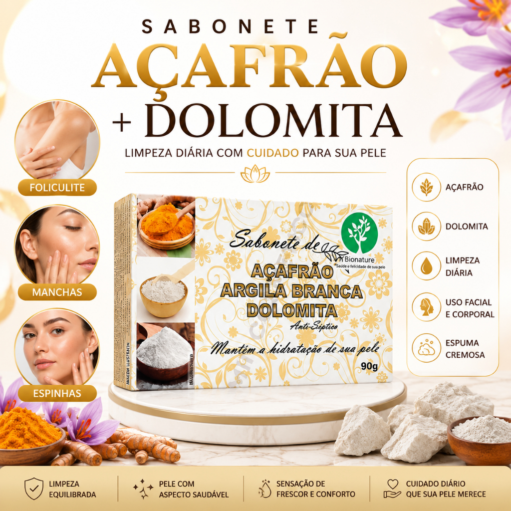 1 Sabonete de Açafrão, Argila Branca e Dolomita Bionature – Auxilia na limpeza da pele equilibra a oleosidade