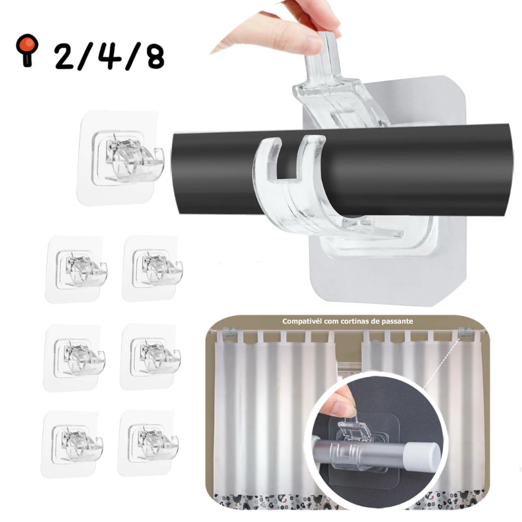 2/4/8pcs Suporte De Haste De Cortina Autoadesivo Ganchos Clipes De Parede Ajustáveis Para Parede
