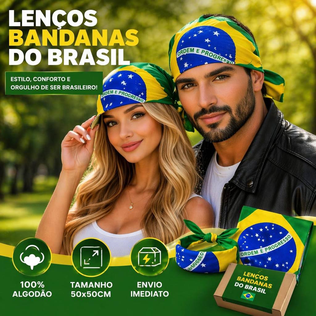 Bandana Brasil Lenço Feminino e Masculino Unissex Verde Amarelo Algodão Moda Praia Carnaval Copa