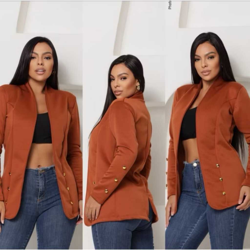 Blazer Social Liso 12  Botões Alongado Feminino Acinturado Tecido Neoprene