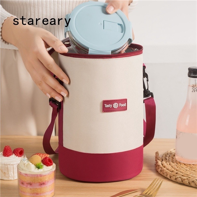 Bolsa Térmica Saco De Isolamento Cilíndrico Isolado Com Alça Para Ombro Almoço Multi-Layer Portátil