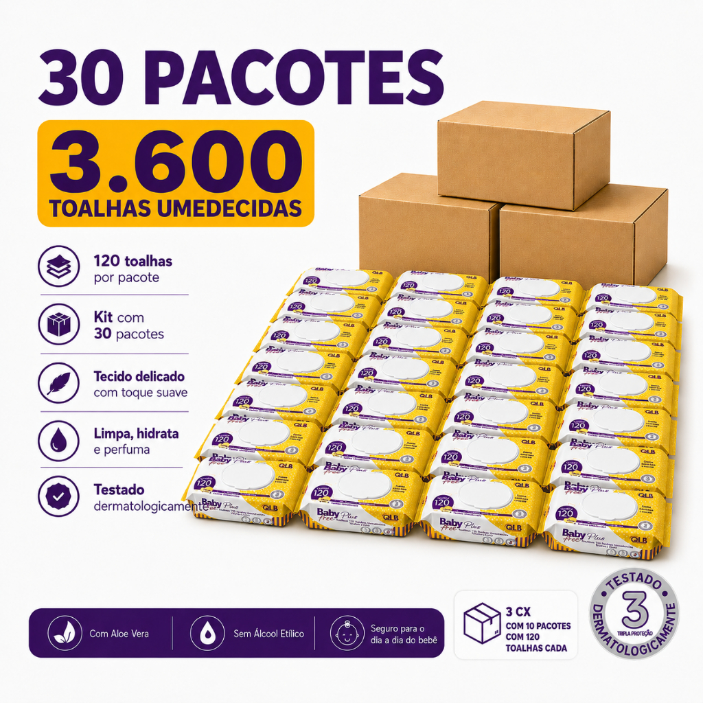 Caixa Lenços/Toalhas Umedecidas Baby Free Plus c/ 120 Unidades Cada – Tampa FlipTop