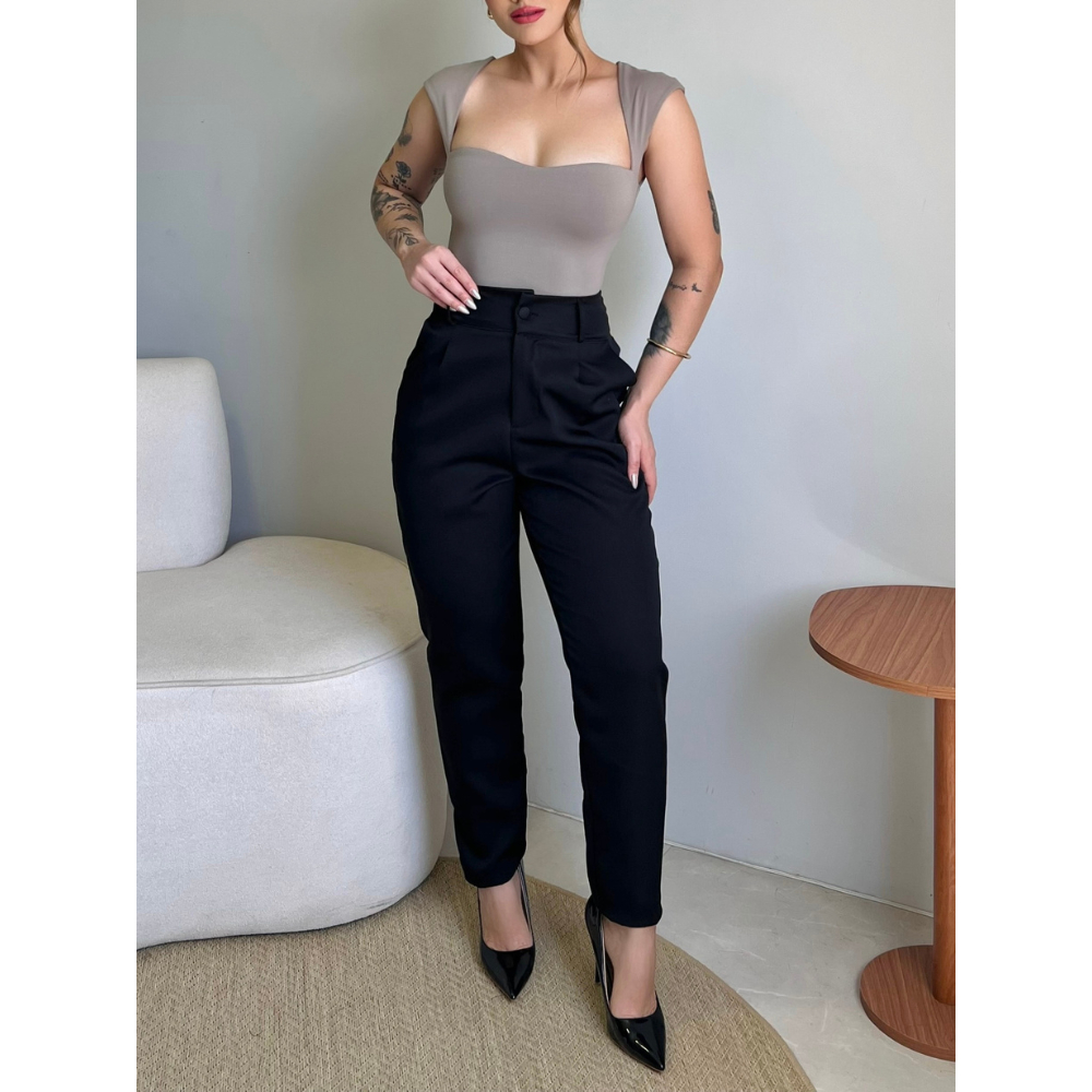 Calça Alfaiataria Feminina Cintura Alta Com Bolso Básica Casual Social Chique