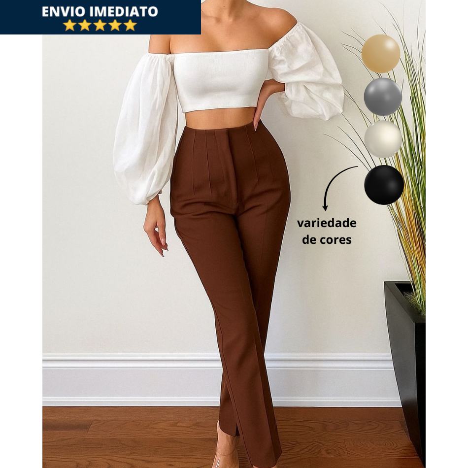 Calça Alfaiataria Feminina Cintura Alta Lançamento Com Zíper Social Slim Fino Blogueira