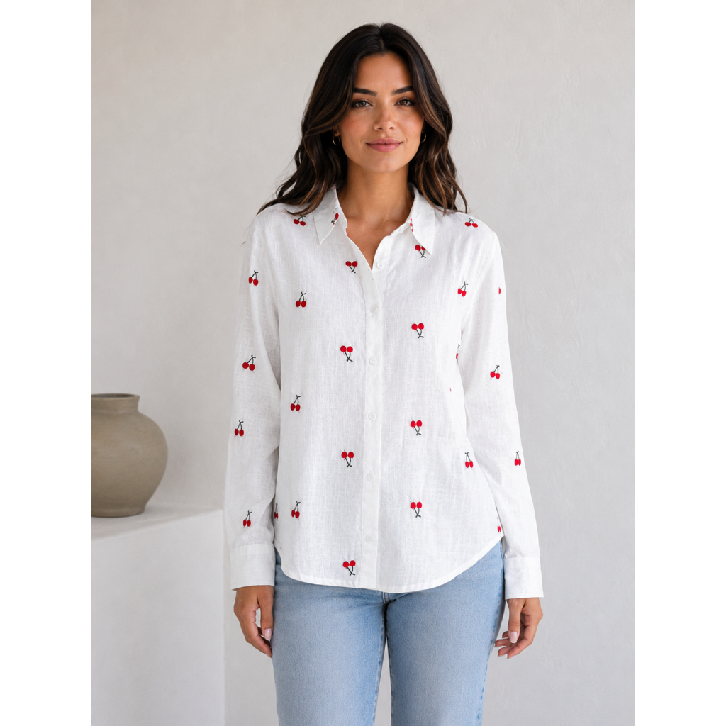 Camisa Feminina Manga Longa Branca em Linho com Bordado, Estilo Casual Fofo para Primavera e Verão