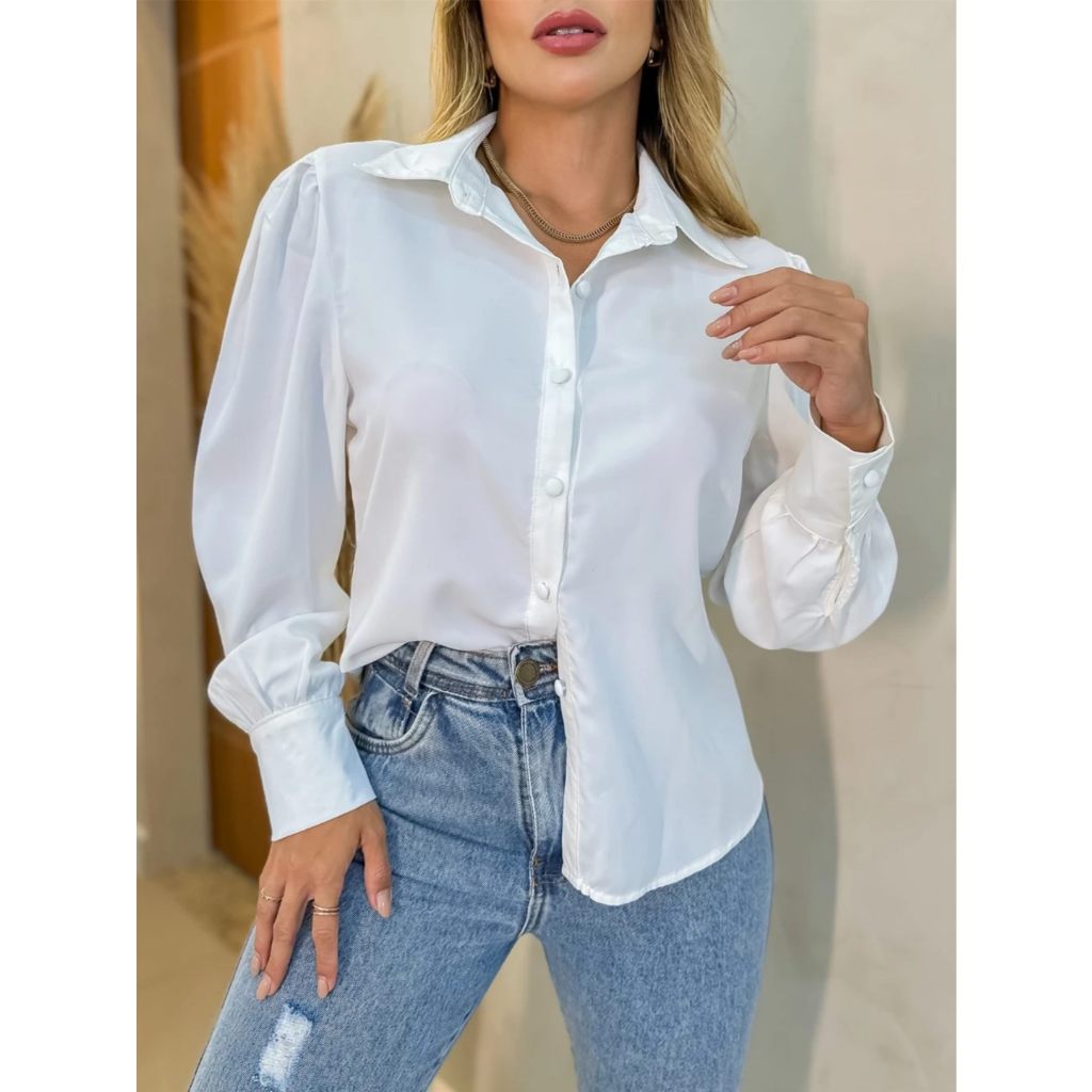 Camisa Social Feminina Branca e Preta Lisa de Melhor Qualidade