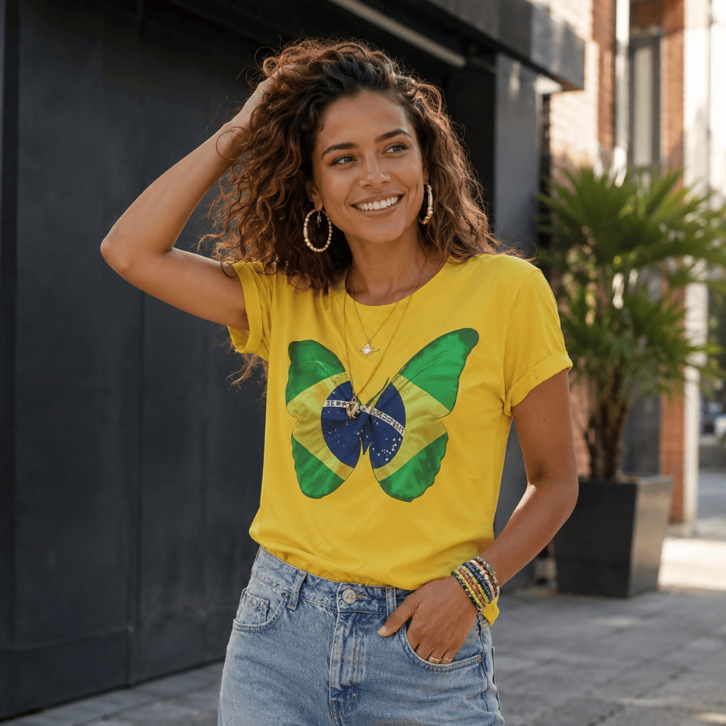 Camiseta Feminina Brasil Copa do Mundo Borboleta Pátria Brasil Envio imediato