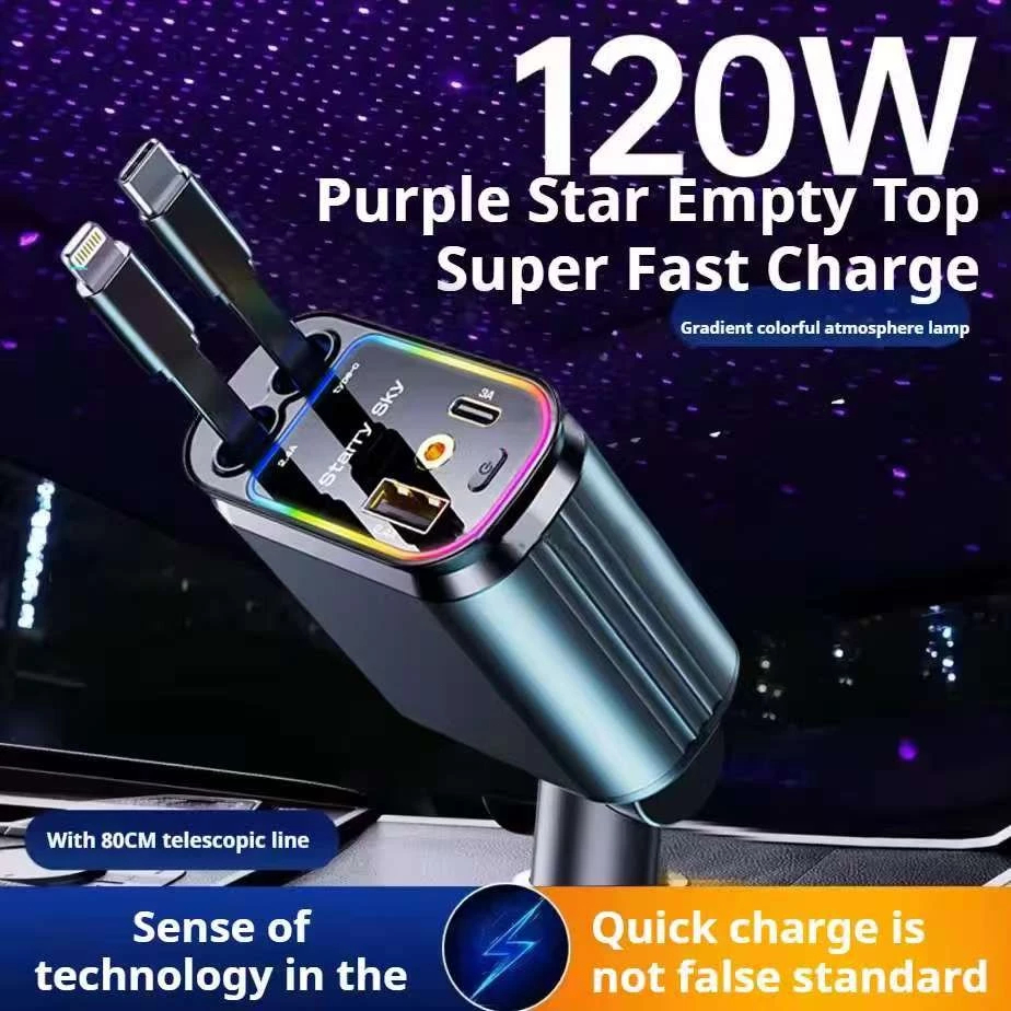 Carregador de carro retrátil com luz LED, carregador de carro rápido 4 em 1 de 120 W para iPhone e Android