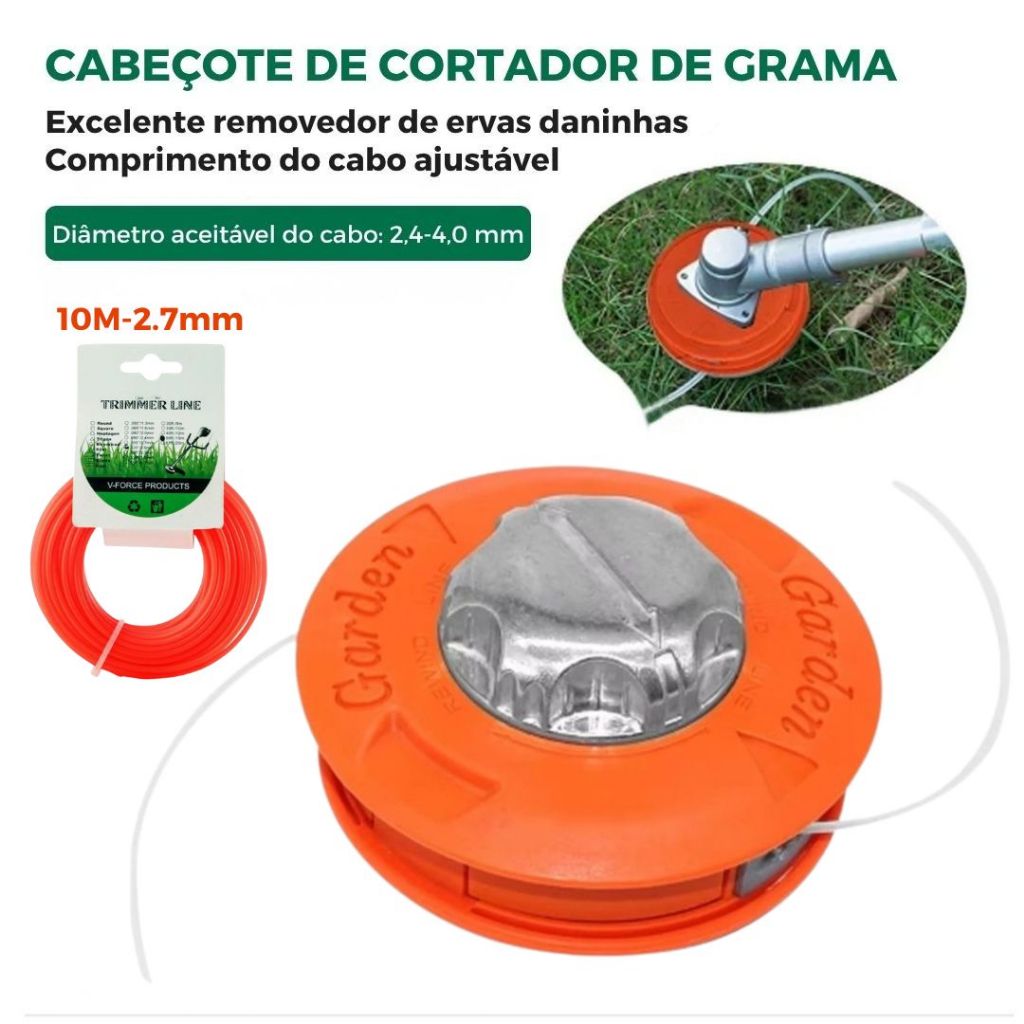 Carretel Automático Carga Fácil Garden P/ Roçadeira Toyama Kawashima Vulcan Garthen + 2,7 mm 10 M corda de cortar grama