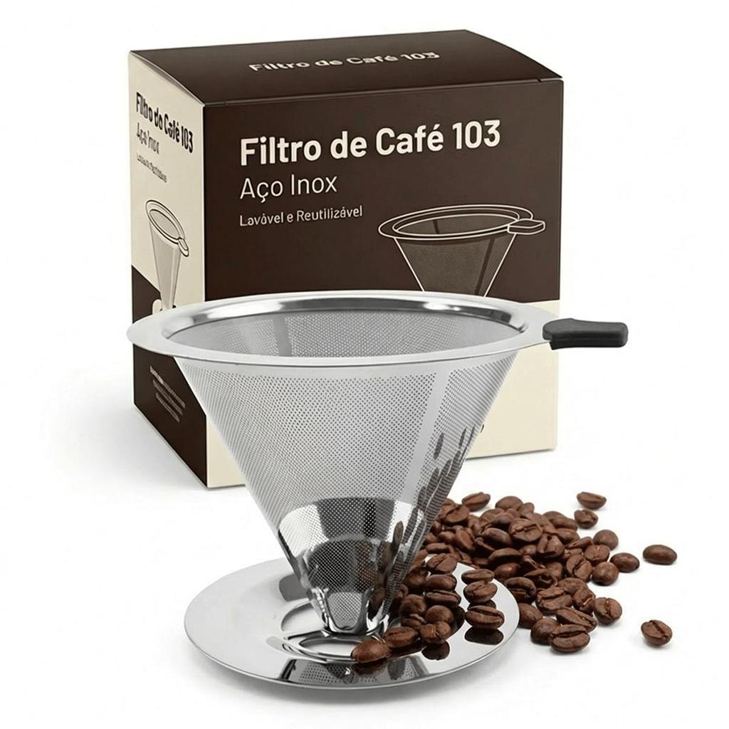 Coador de Café Aço Inox 103 Grande Reutilizável - Filtro Permanente Sem Papel Camada Dupla