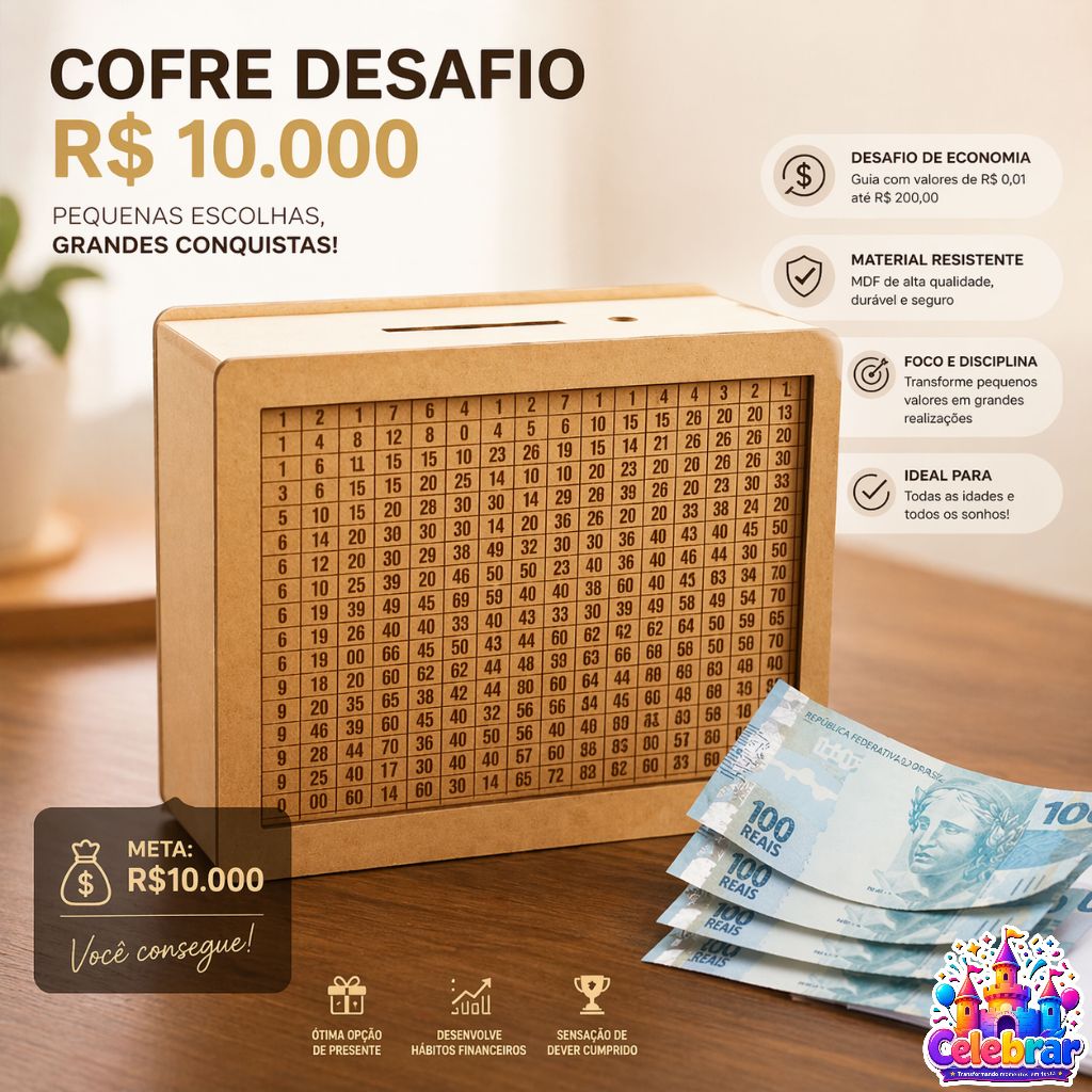 Cofre Desafio 1000 5000 10000 Caixa Dinheiro De Madeira Cofre para Guardar Dinheiro Método Japonês