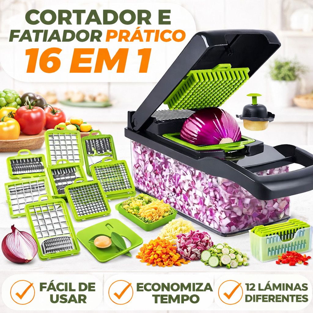 Cortador de Legumes 16 em 1 Fatiador Multifuncional Triturador de Verduras com Lâminas Inox