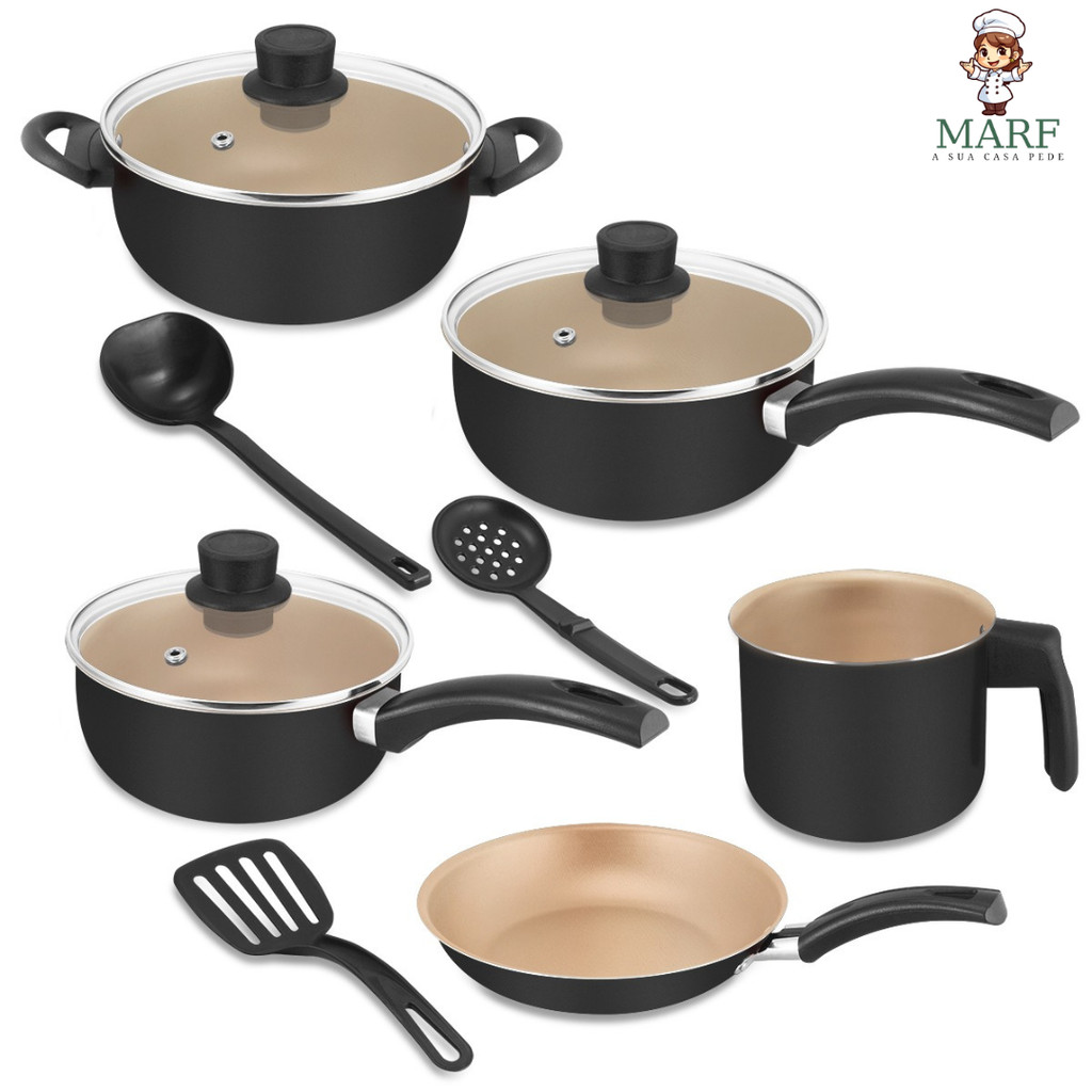 Cunjunto de Panelas Antiaderente Jogo com 8 Peças Caçarola Panela Frigideira Premium Teflon 5 Camadas com Tampa de Vidro