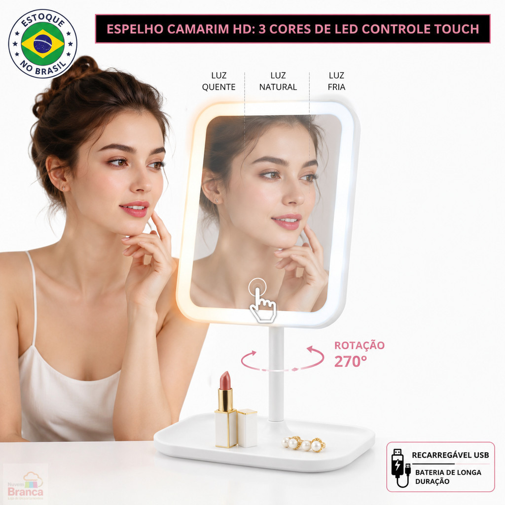 Espelho de Maquiagem Mesa LED 3 Cores Recarregavel Touch Screen Portatil Luzes Ajustaveis Rotacao 270