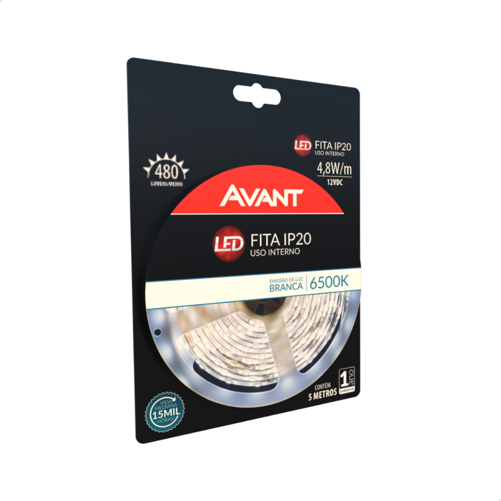 Fita LED Interna 5 metros 6500K 4,8 W/m IP20 110V 220V Bivolt C Fonte Kit Completo Branco Frio Avant