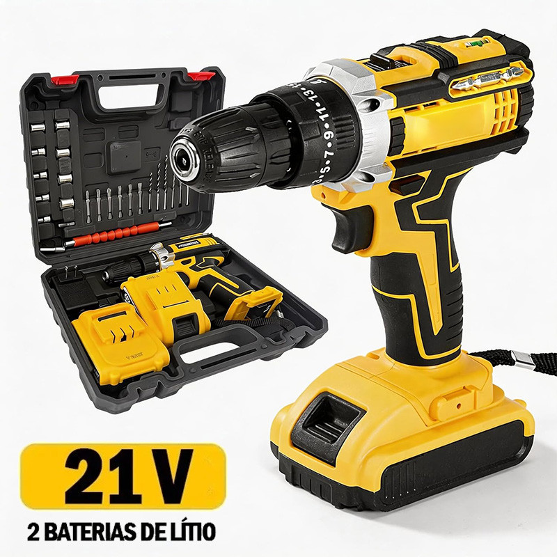 Furadeira Parafusadeira Sem Fio 21V 2 Baterias 3 Funções Impacto Maleta Completa Com Acessórios