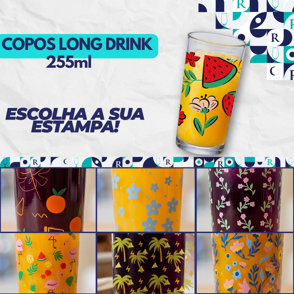 Jogo 6 Copos Long Drink Ruvolo Red Fruits 255Ml Vidro Multiuso Varias Estampas Água Suco e Drinks