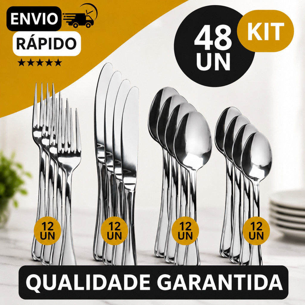 Jogo de Talheres 48 peças Aço Inox 12 Facas 12 Garfos de Mesa 12 Colheres e 12 Colheres de Sobremesa Oferta Incrível