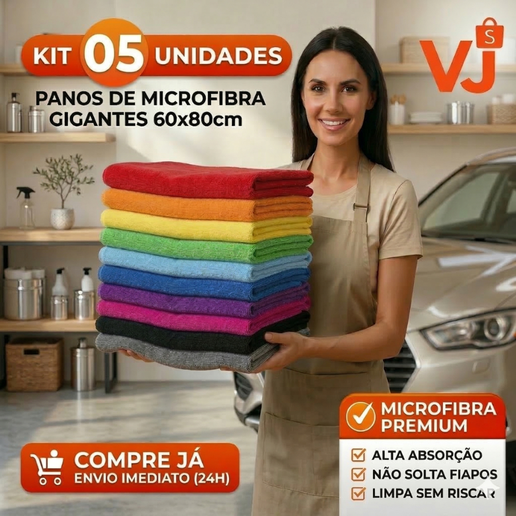 Kit 05 Pano Microfibra 60x80 Chão Carro Estética Automotiva Secagem Alta Absorção