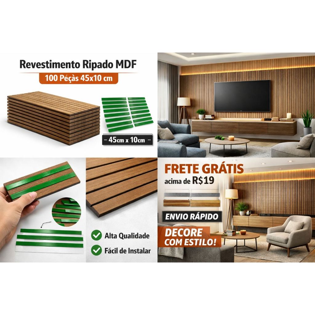 Kit 10 Até 200 Placas Ripados PREMIUM Revestimentos Painel Decorativo MDF Alta Qualidade 45cmx10cm
