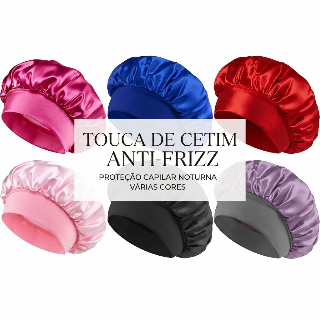 Kit 3 Toucas de Cetim com Faixa Larga Elástica Anti Frizz Para Dormir Protege Cabelo Cacheado Crespo Ondulado