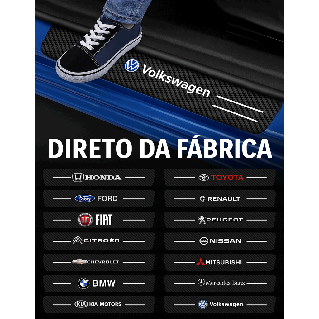 Kit 4 Adesivos de Soleira para Carro  Proteção Anti-Risco Fibra de Carbono Universal Vários Modelos