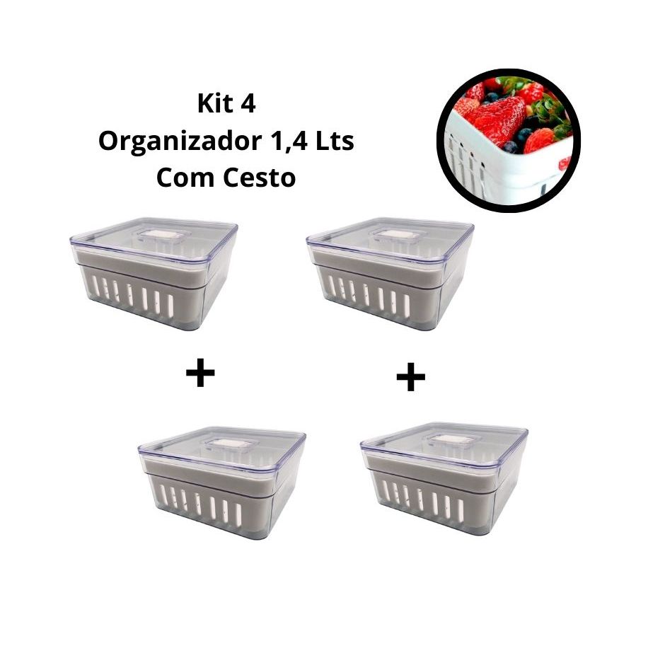 Kit 4 Organizadores De Geladeira 1,4 Litros Com Cesto - Plastutti