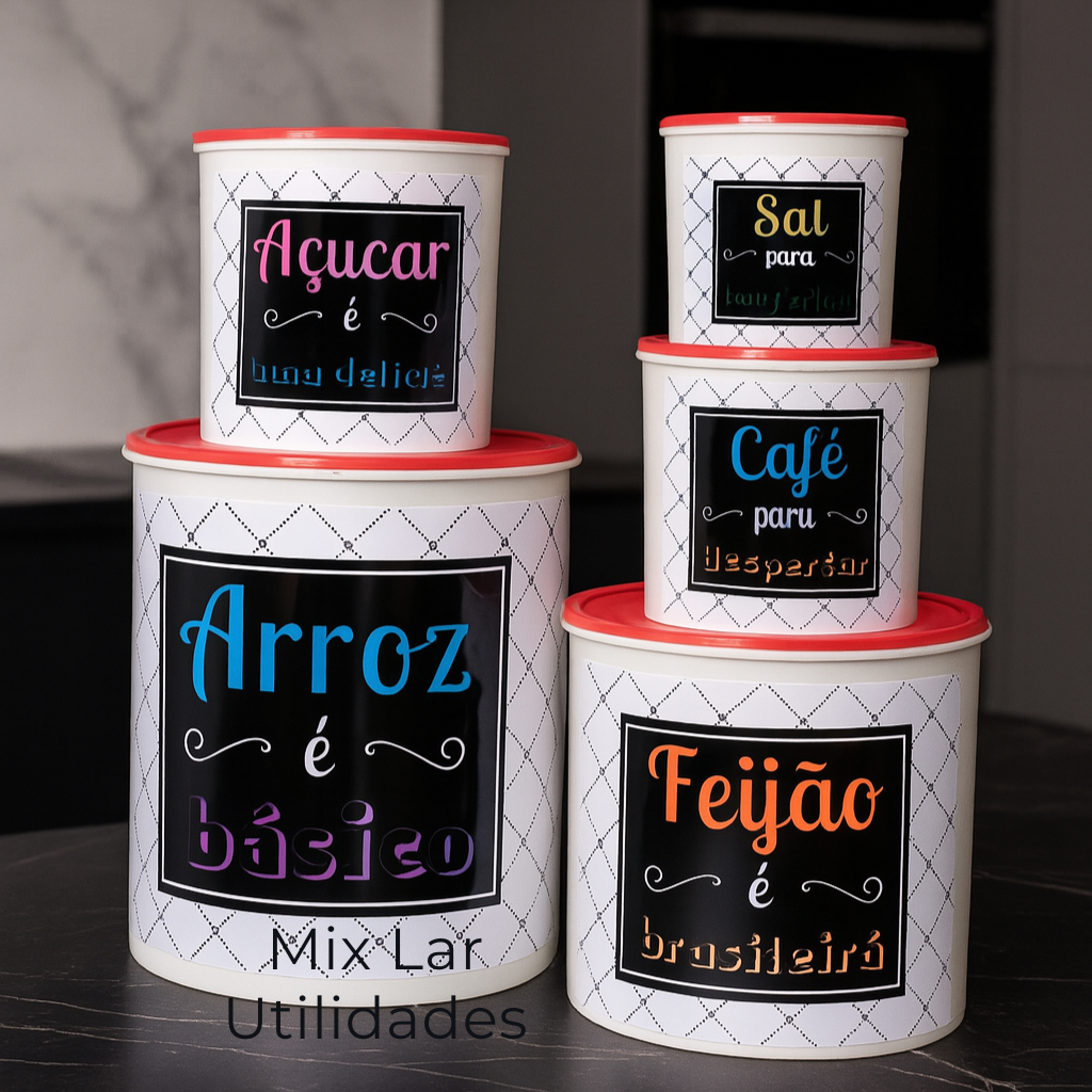 Kit 5 Potes de Mantimentos Plástico Decorado para Cozinha