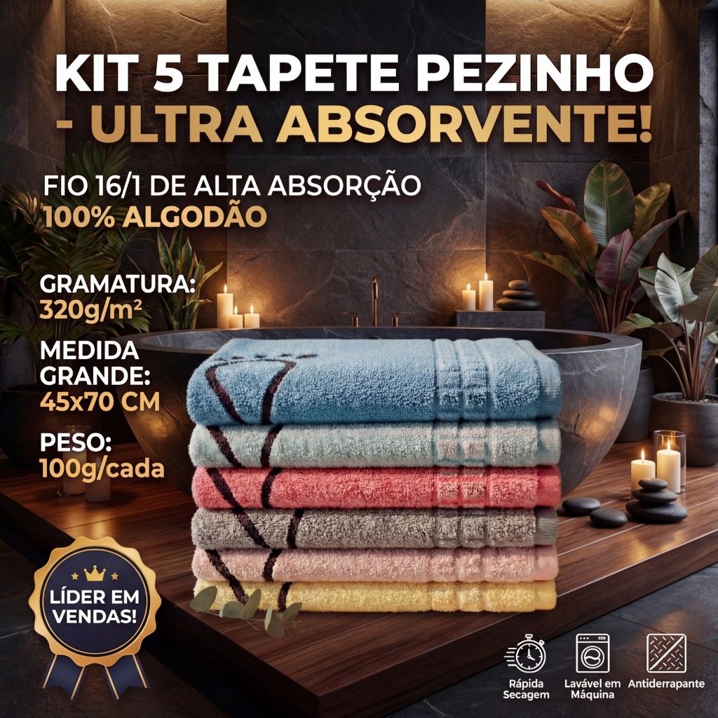 Kit 5 Tapete Piso Premium 45x70cm Toalhinha Para Banheiro Pezinho