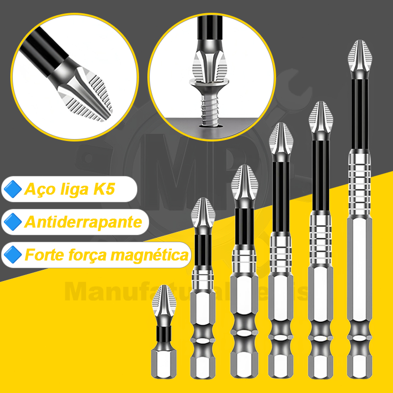 Kit 6 Bits K5 de Parafuso Cruzado | Bits Anti-Impacto Magnéticos Duráveis 25-150mm