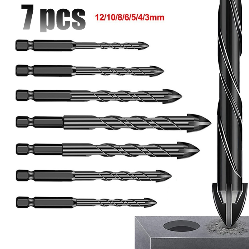Kit 7Pcs Jogo De Brocas Hexagonais Cruzadas De 3-12mm De 4 Bordas Para De Porcelanato De Concreto Vidro
