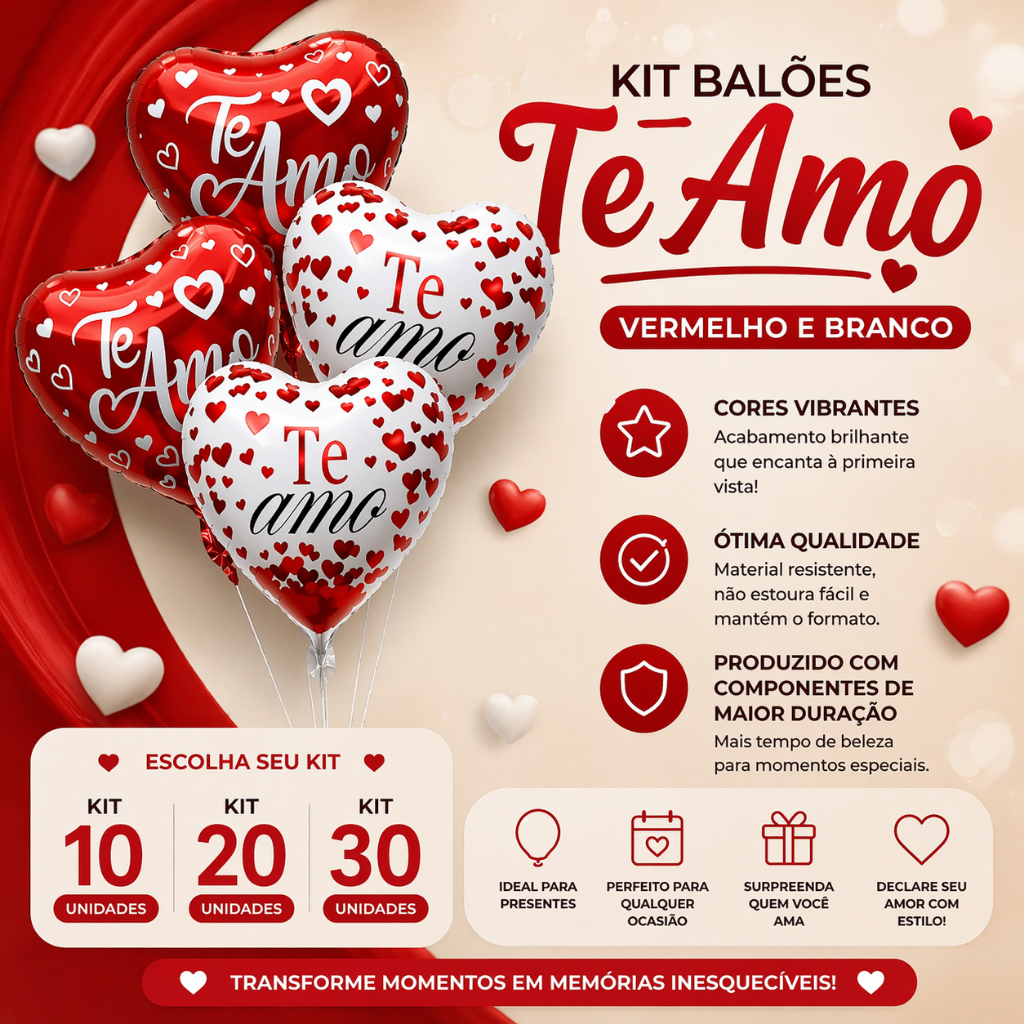 Kit  Balões de Coração Te Amo Vermelho e Branco