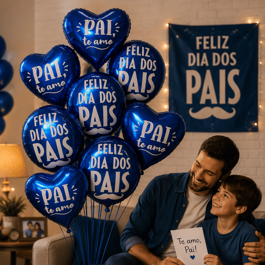 KIT Balões Metalizados Coração Azul 25cm Dia dos Pais Pai Te Amo Meu Herói Decoração Festa