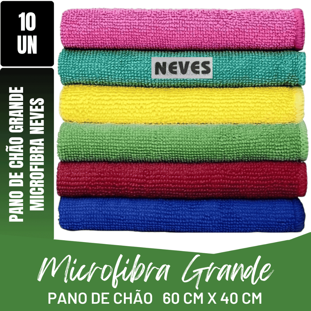 Kit C/ 10 - Pano De Chão Microfibra Gigante 60x40cm - Neves - Multiuso - Limpeza Geral - Multicores