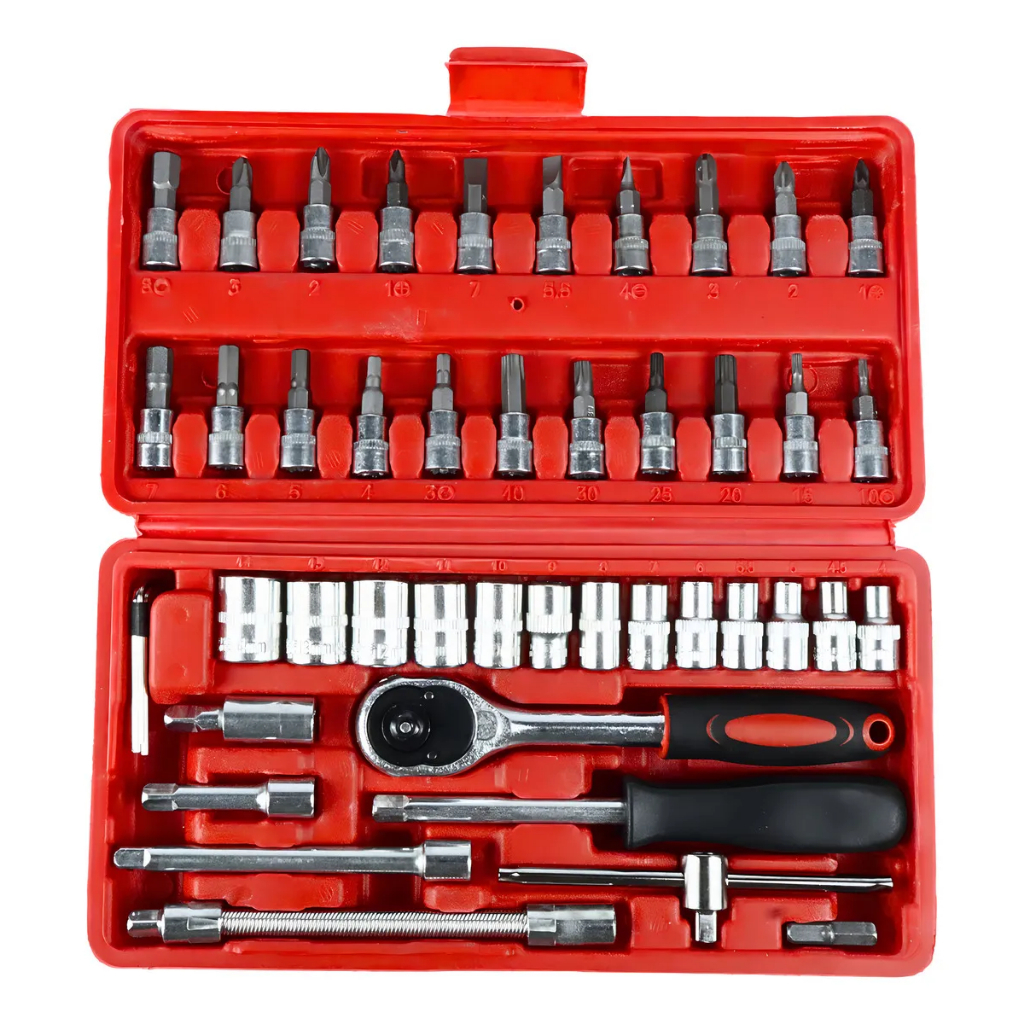 Kit De Ferramentas 46 Peças Jogo De Soquetes 1/4 Chave Catraca Reversível Maleta Completo Pressão