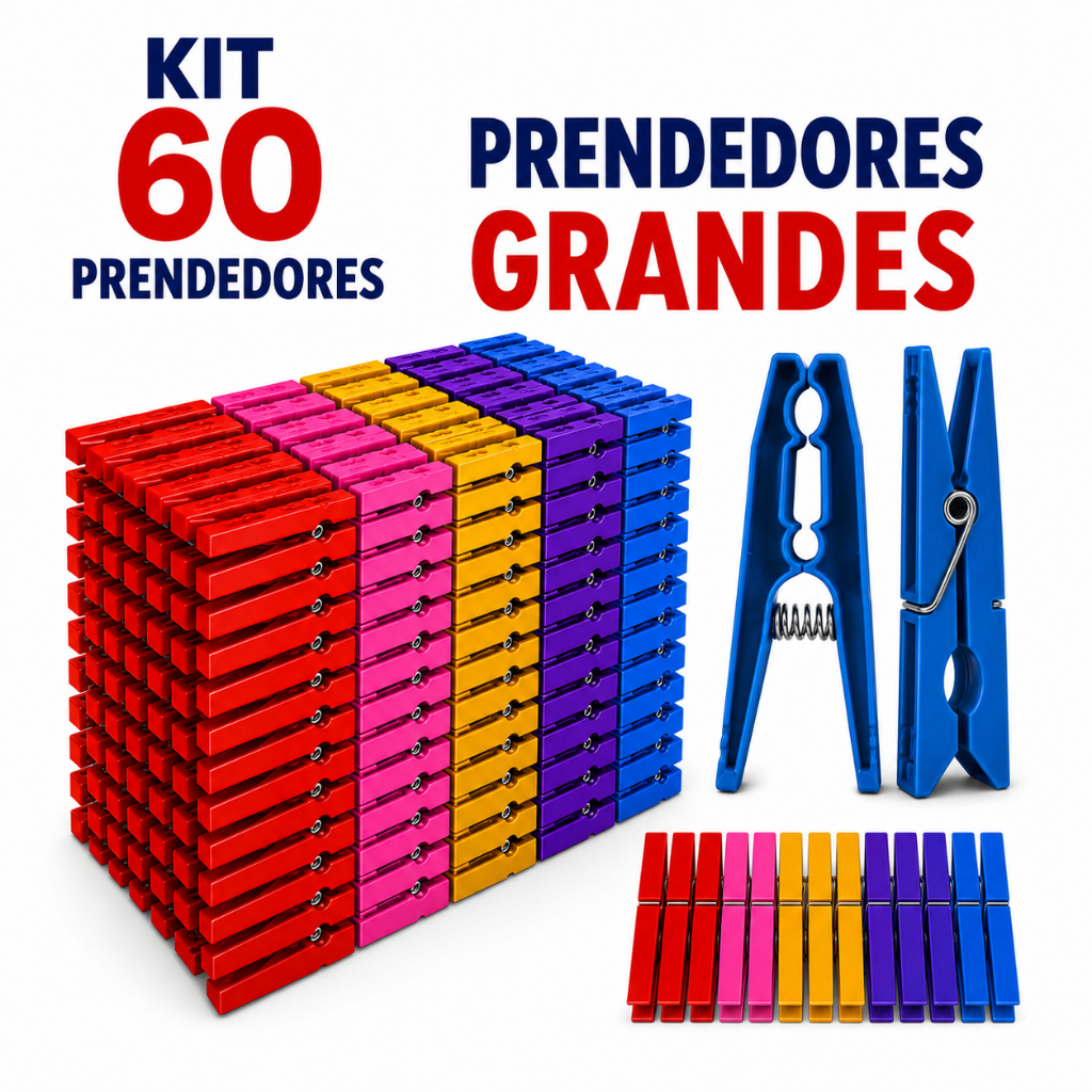 Kit Kit 60 Prendedores Grandes Reforçados – Super Resistentes e Duráveis para Varal