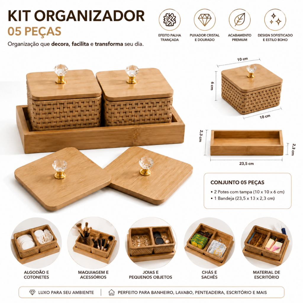 Kit Organizador Com Bandeja MDF Luxo Efeito Palha Decoração Banheiro Casa Escritorio Multiuso