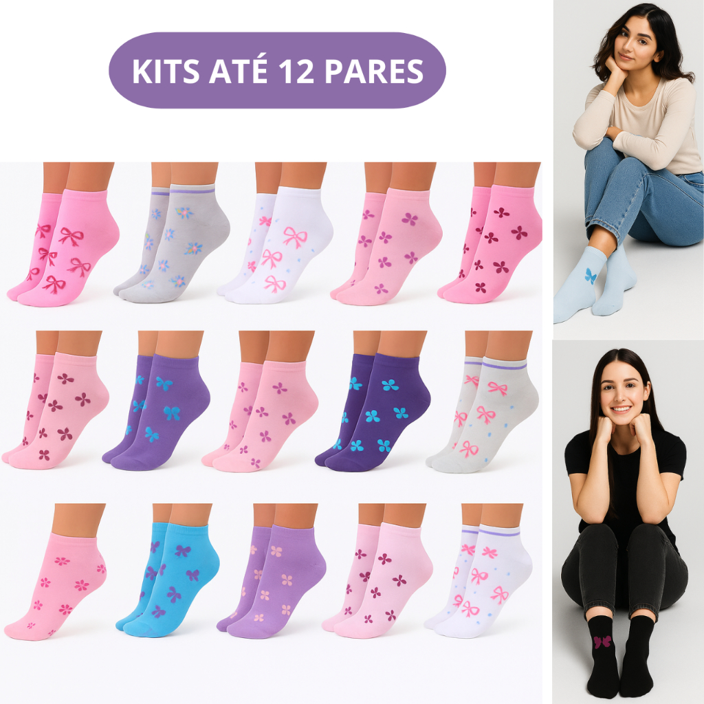 Kit  Pares de Meias Soquete Feminina Adulto Estampada Cores Delicadas