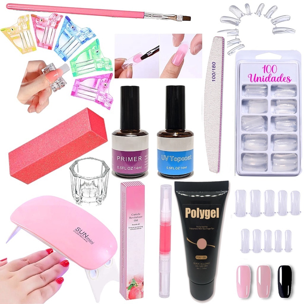 Kit Polygel Alongamento De Unha + Molde F1 + Lixa + Top Coat + Primer + Cabine Sun Mini Poligel Unhas