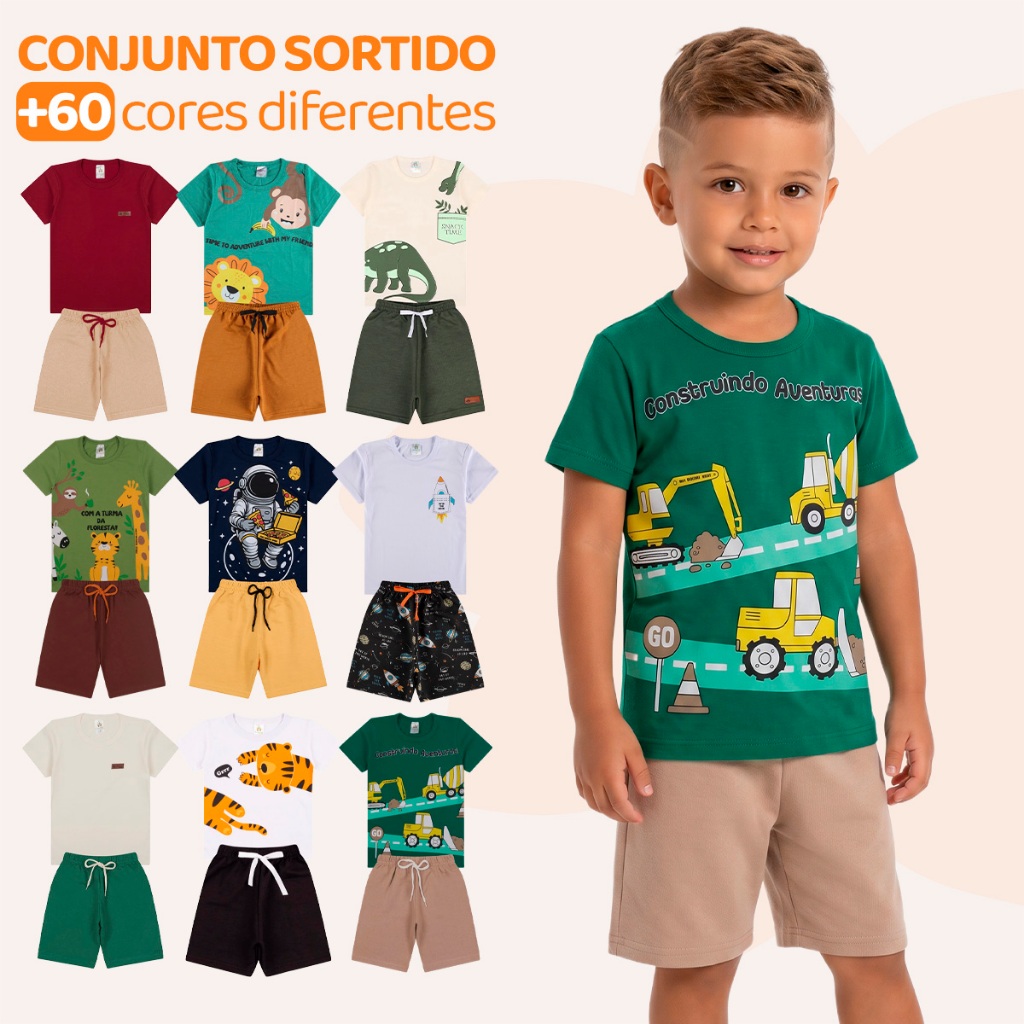 Kit Sortido 4, 10 ou 16 Peças de Roupas Infantil Bebê Menino Camisetas + Bermudas ou Roupa Bebê Conjunto Verão dia Calor