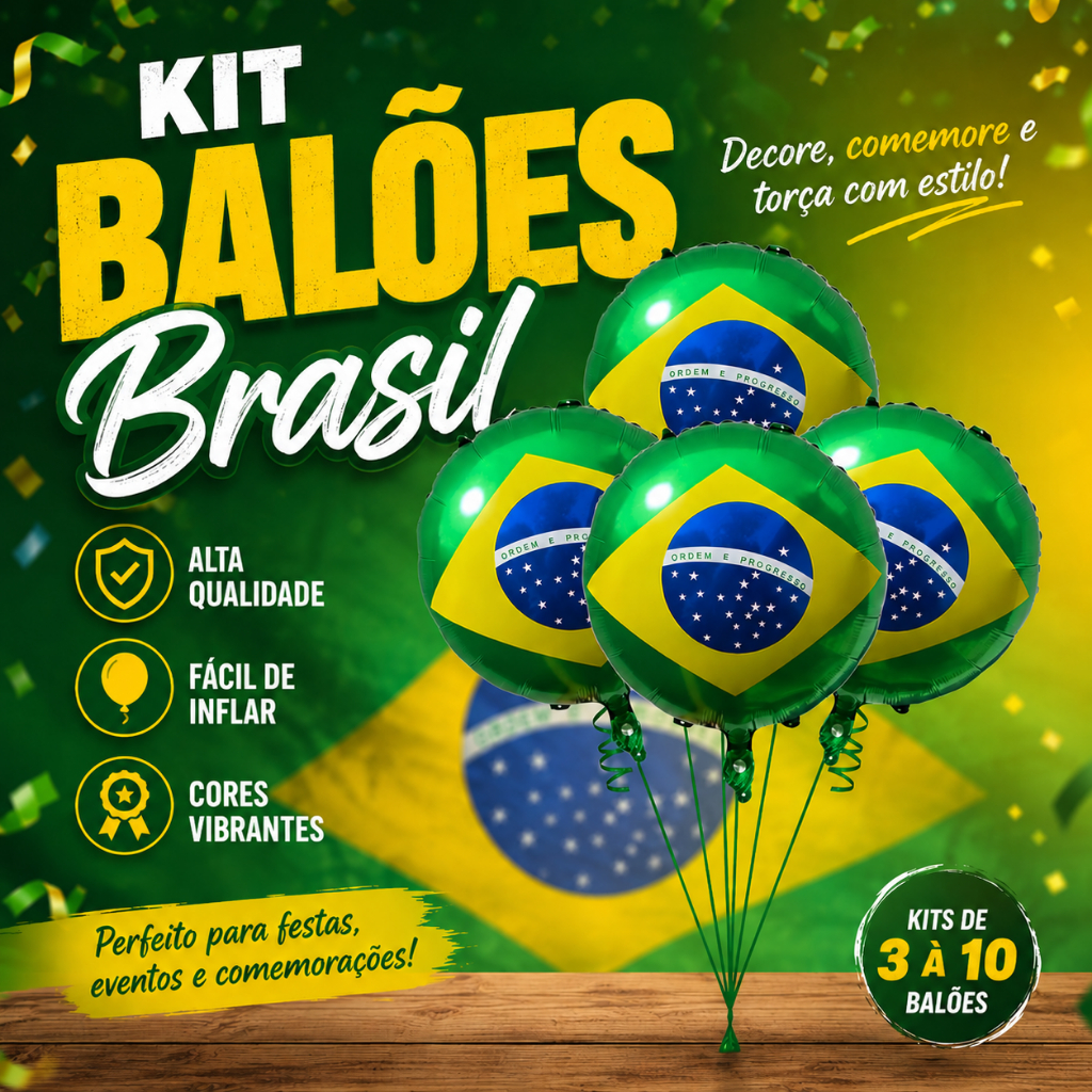 Kits de 3 à 10 Balões Metalizados Bandeira Brasil 45x45cm Ordem e Progresso