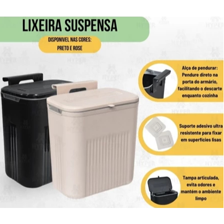Lixeira Suspensa Balde de Lixo 9 Litros com Adesivo e Alça para Pedurar Rose e Preto ou rodo pia  Arqplast Toy 25956