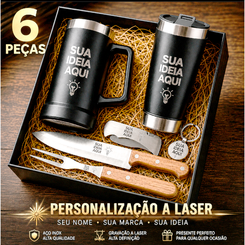 Monte seu Kit Personalizado dia dos Pais, Caneca de Chop, Kit Churrasco, Chaveiro e Canivete, Presente Premium