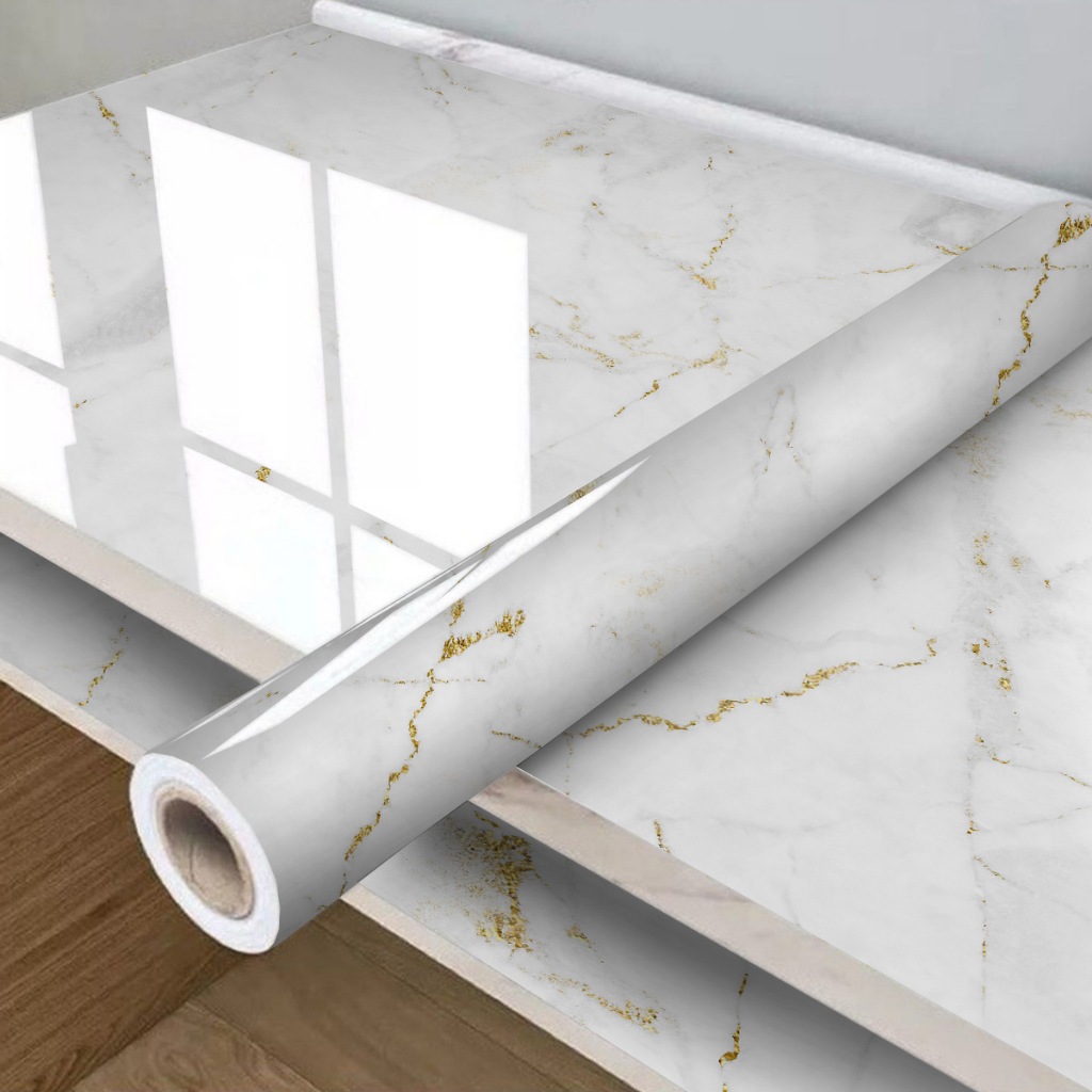 Papel de Parede Mármore Branco e Dourado Adesivo Para Sala Quarto | Vinílico Marmorizado Lavável e Impermeável | Full