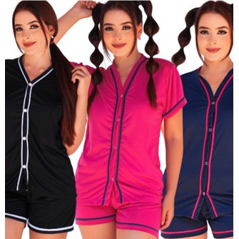 Pijama Blogueirinha Baby Doll Feminino Botão Adulto Americano Pós Cirúrgico Atacado