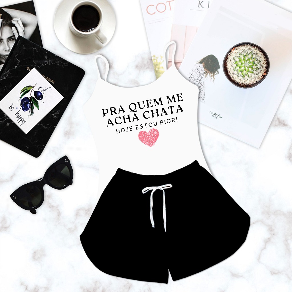 Pijama Feminino Baby Doll Alcinha Estampa Me Acha Chata Shorts Preto