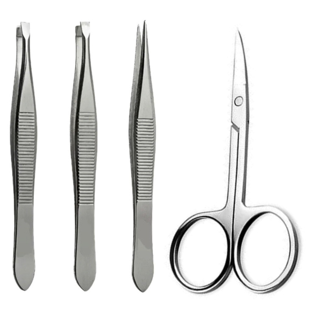 Pinças Profissional (Reta + Chanfrada + Ponta Agulha) + Tesoura Tesourinha Sobrancelhas