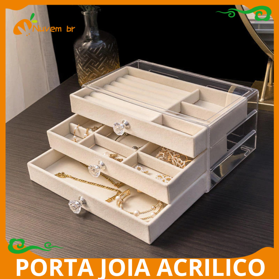 Porta Joia Acrílico Luxo Com 3Camadas,Portatil Organizador  Brinco Anel Compartimento caixa armazenamento de jóias Nuvem