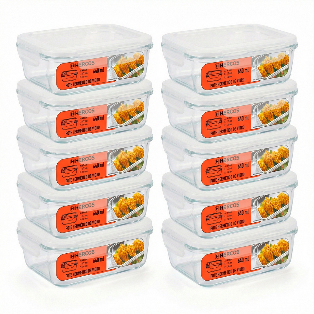 Potes Hermético Vidro Tampa 4 Travas 640ml Retangular Forno Freezer Marmita Fitness