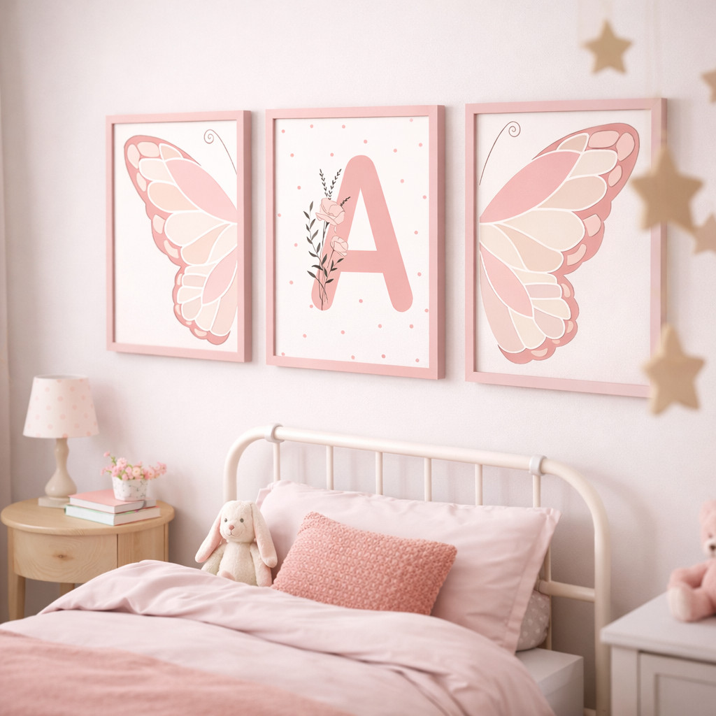 Quadro Decorativo Moderno Parede Quarto Infantil Feminino Letras Personalizadas Tons Rosas Borboleta